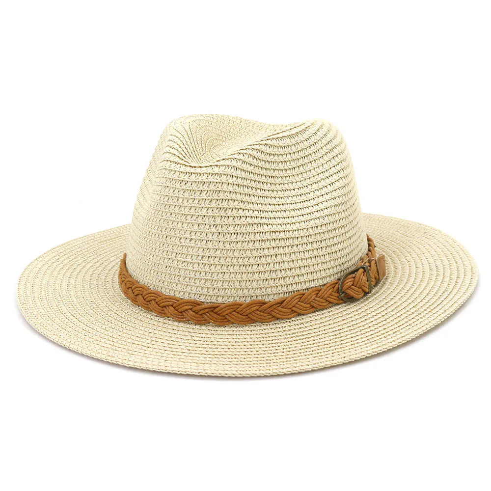Women’s Beige Beach Straw Hat with Brown Woven Tape