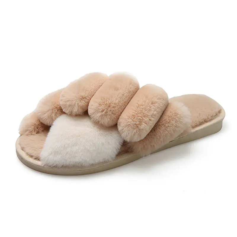 Women’s Pink+White Wool Crossover Slippers
