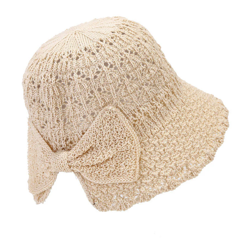 Women’s Beige Hollow Out Large Bow Beach Sunscreen Straw Hat