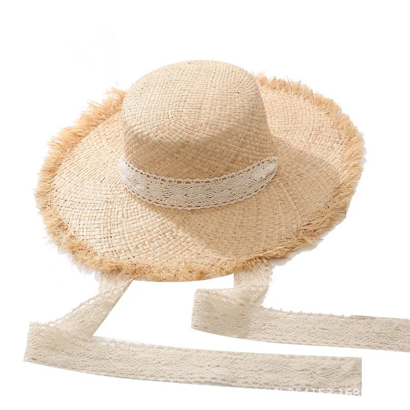 Women’s Beige Lace Ribbon Beach Beach Sunscreen Straw Hat
