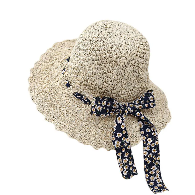 Women’s Beige Black Floral Belted Beach Sunscreen Straw Hat