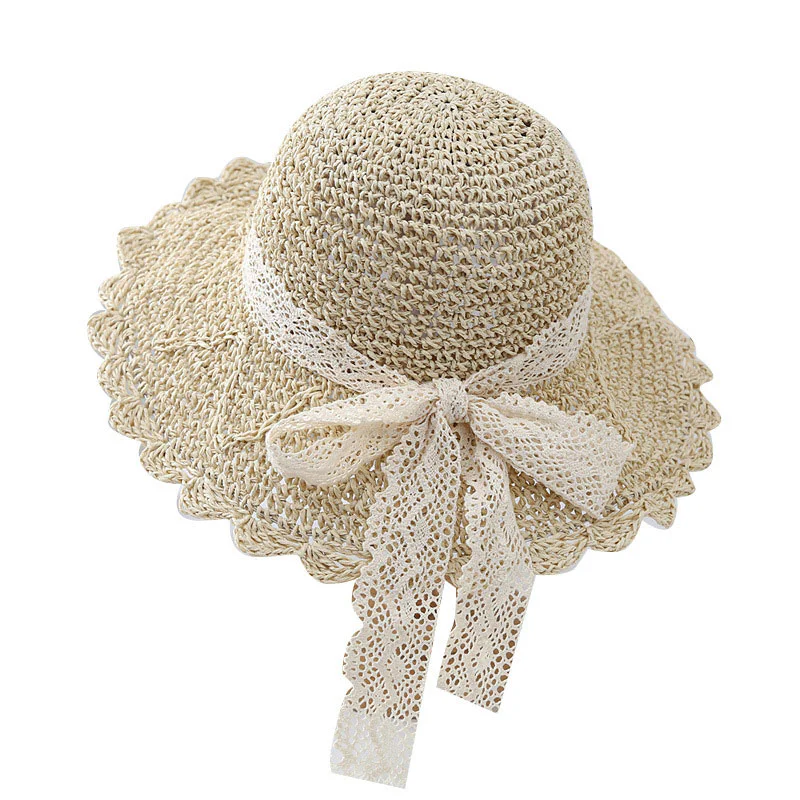 Women’s Beige Lace Bow Belt Beach Sunscreen Straw Hat