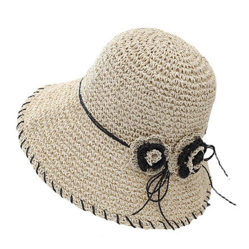 Women’s Beige Fisherman’s Hat Floral Decorative Belted Beach Sunscreen Straw Hat