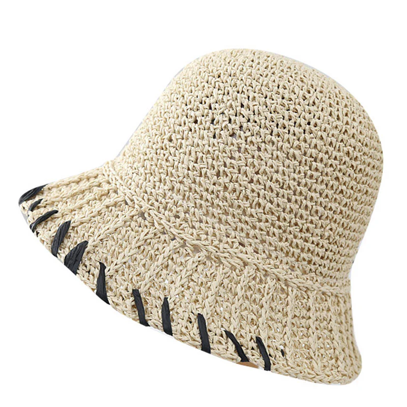 Women’s Beige Black Line Wrap Beach Sunscreen Straw Hat