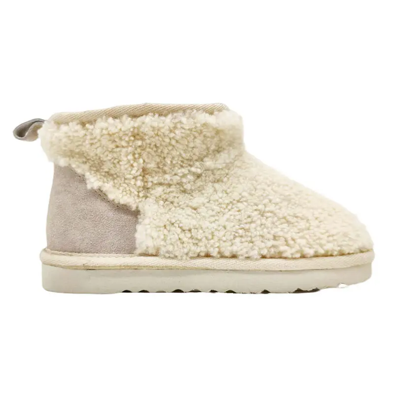 Women’s Beige Lambswool Light Grey Cow Suede Patchwork Snow Boots