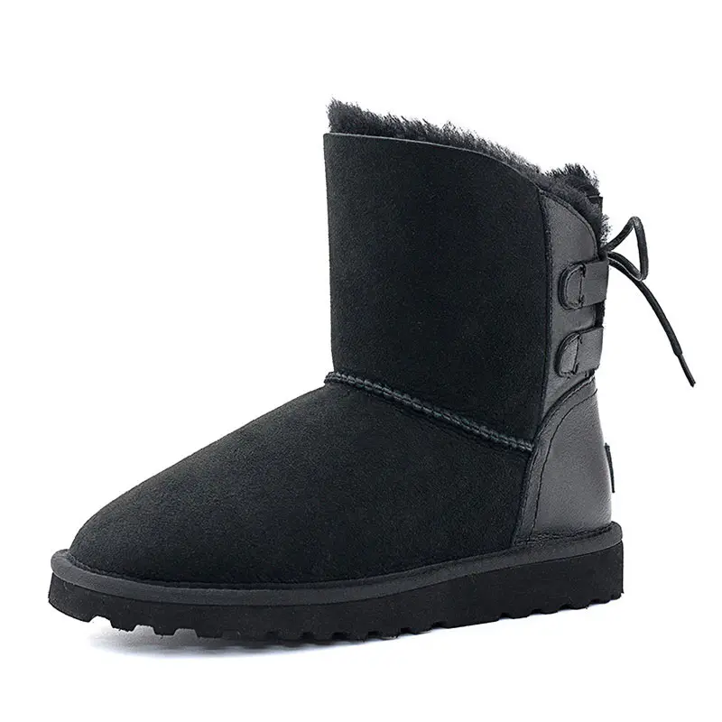 Women’s Black Cow Suede+Cowhide Patchwork Wool Snow Boots