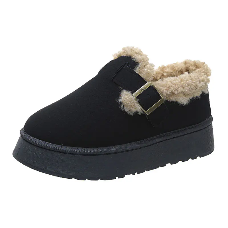 Women’s Black Cow Suede Lamb Wool Thick Bottom Slippers