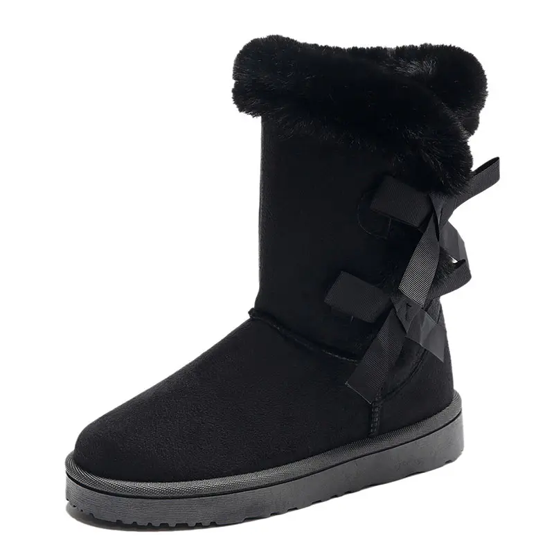 Women’s Black Cow Suede Side Bow Wool Snow Boots