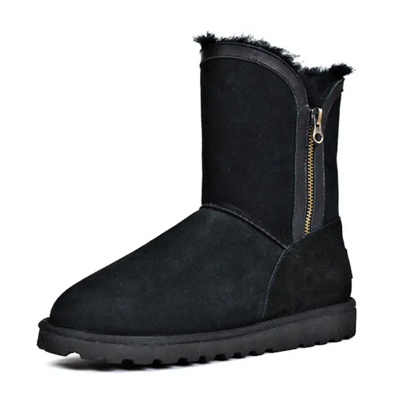 Women’s Black Cow Suede Side Zipper Wool Snow Boots