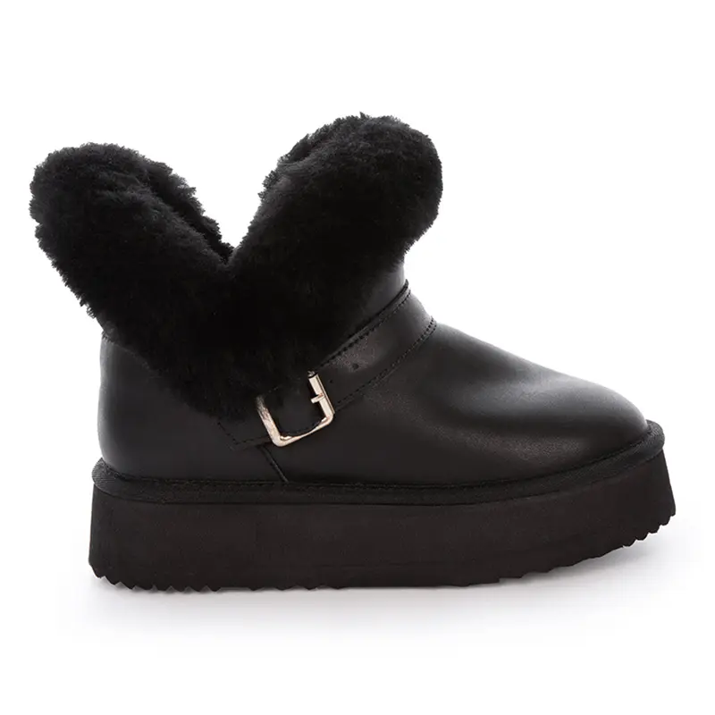 Women’s Black Cowhide Wool Snow Boots Thick Sole