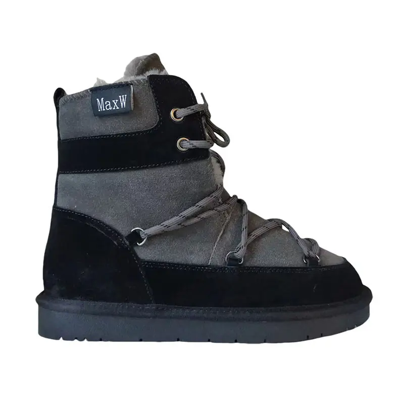Women’s Black Gray Cow Suede Lace Up Wool Martin Boots