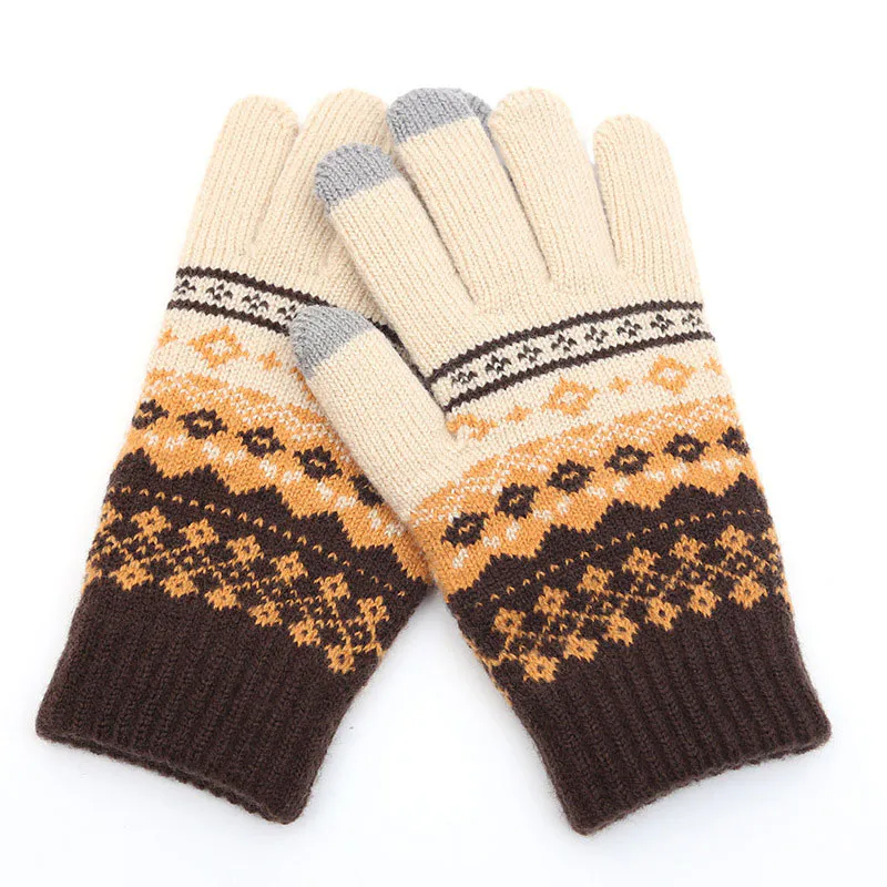 Women’s Brown Geometric Printed Warm Wool Cold Weather Gloves