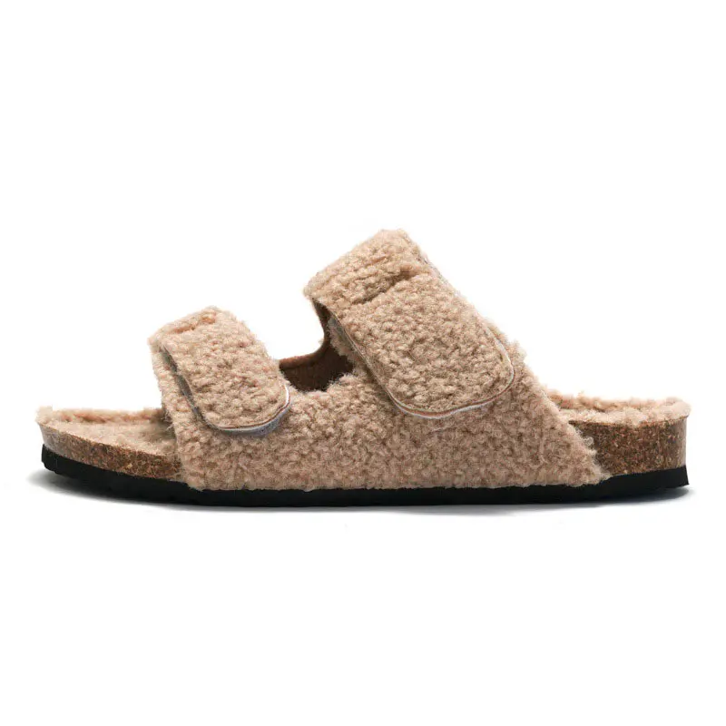 Women’s Brown Lamb Wool Velcro Adjustable Cork Slippers
