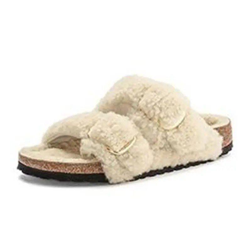 Women’s White Lamb Wool Buckle Adjustable Cork Slippers
