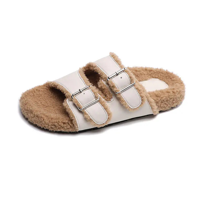 Women’s White Sheepskin Brown Lamb Wool Buckle Adjustable Slippers