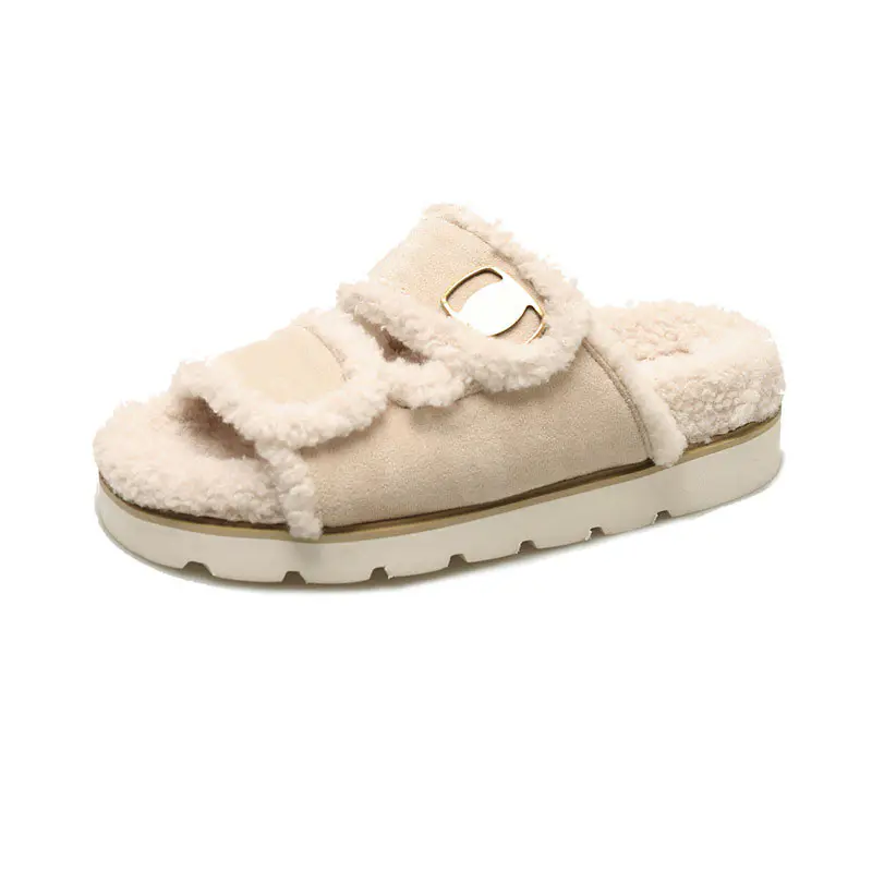 Women’s Beige Sheep Suede Lamb Wool Buckle Adjustable Thick Bottom Slippers