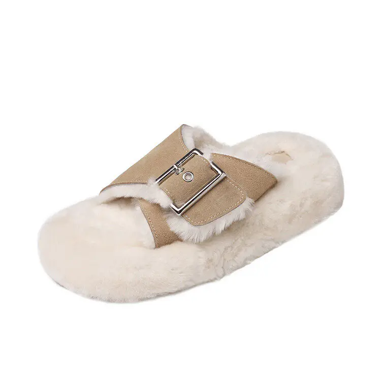 Women’s Chestnut Cow Suede Buckle Adjustable Wool Slippers
