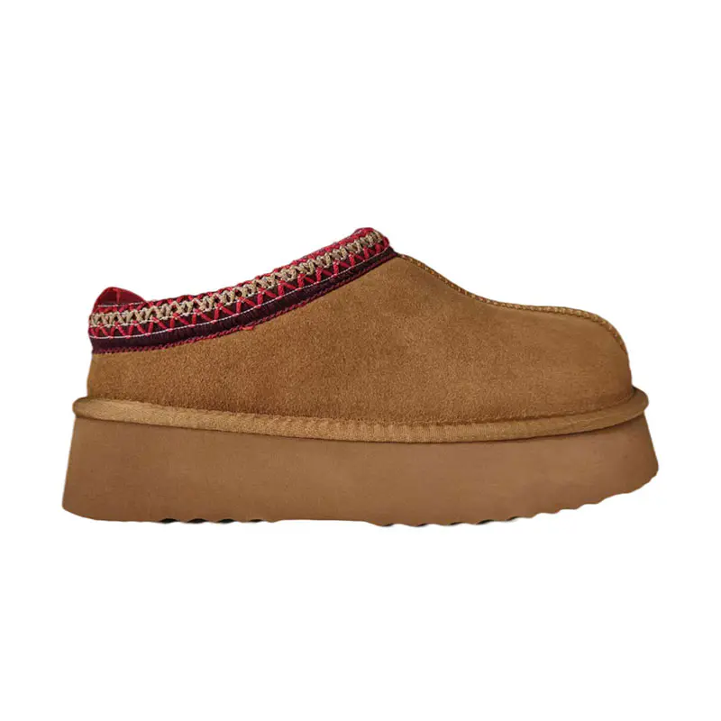 Women’s Chestnut Cow Suede Jacquard Webbing Shearling Thick Sole Slippers