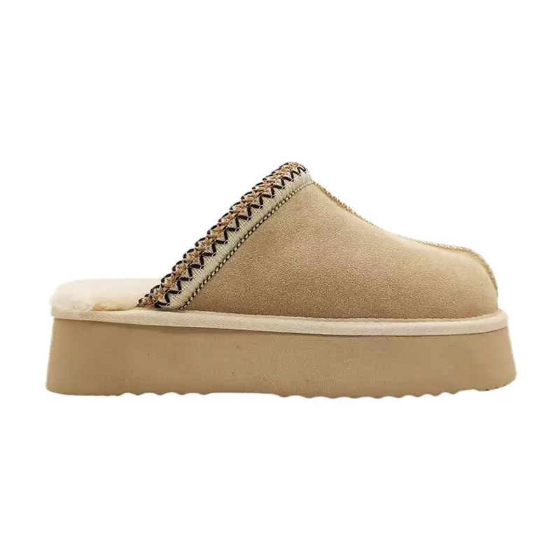 Women’s Chestnut Cow Suede Jacquard Webbing Shearling Thick Sole Slippers