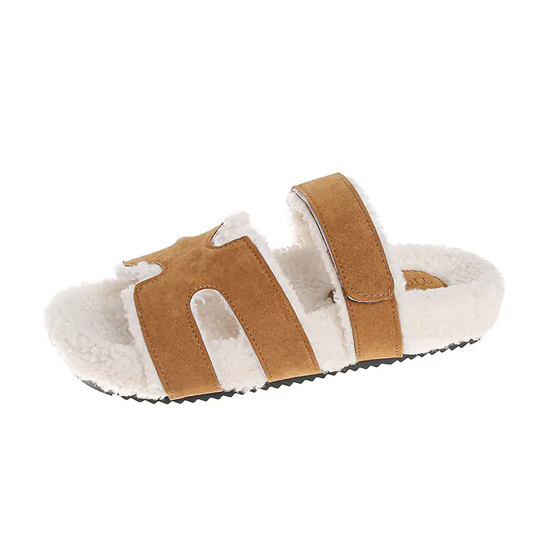 Women’s Chestnut Cow Suede White Lambswool Velcro Slippers