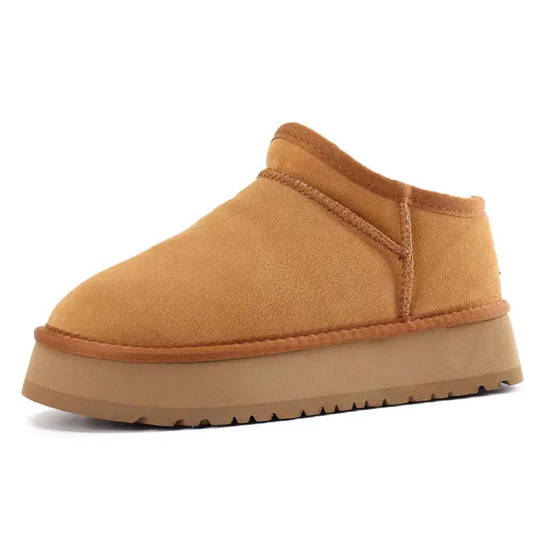 Women’s Chestnut Cow Suede Wool Shallow Snow Boots Thick Sole