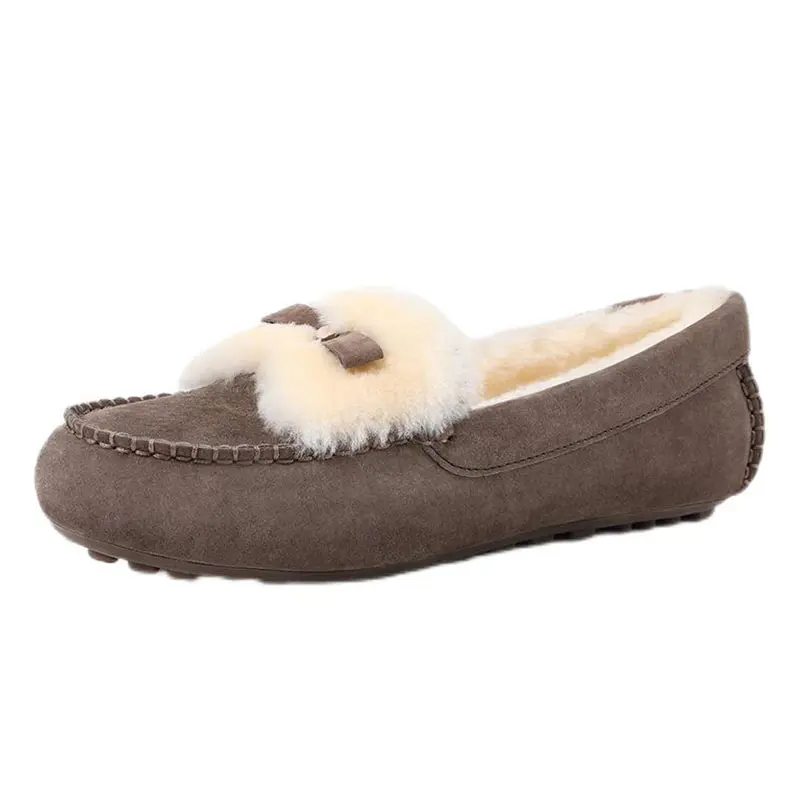 Women’s Coffee Cowhide+Wool Bow Loafers
