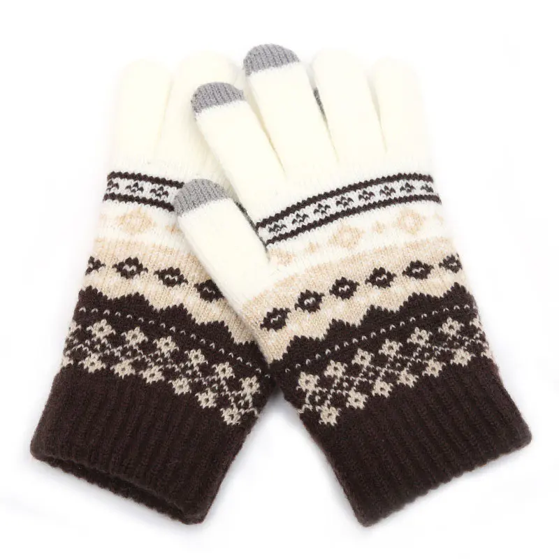 Women’s Coffee Geometric Printed Warm Wool Cold Weather Gloves