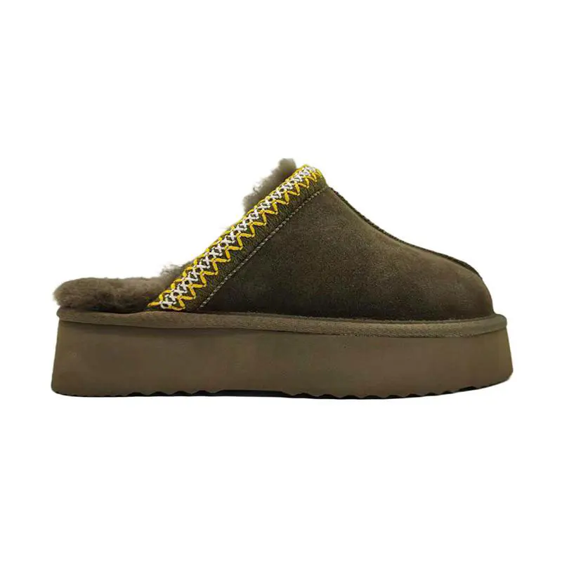 Women’s Dark Green Cow Suede Jacquard Webbing Shearling Thick Sole Slippers