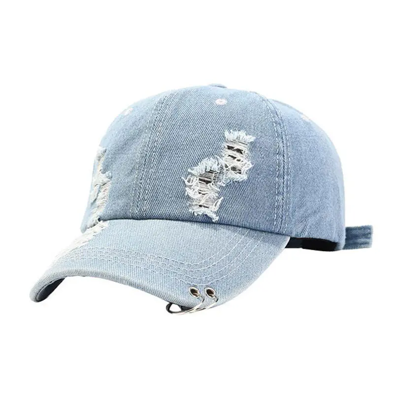 Men’s Denim Blue Torn Hole Iron Ring Baseball Cap