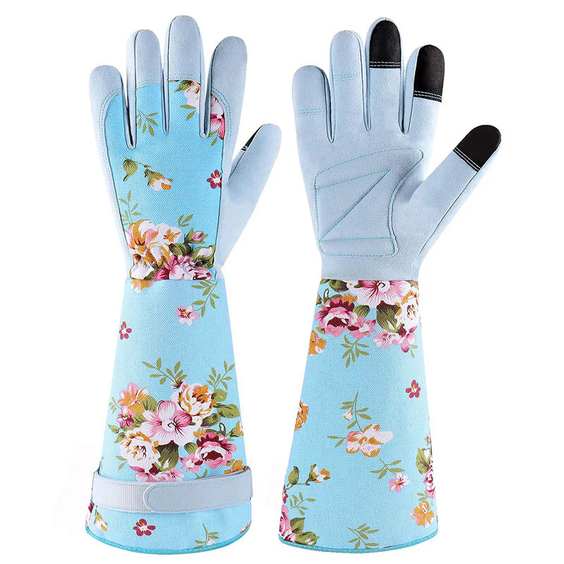 Women’s Flower Printed Microfiber Touchscreen Leather Long Garden Gloves