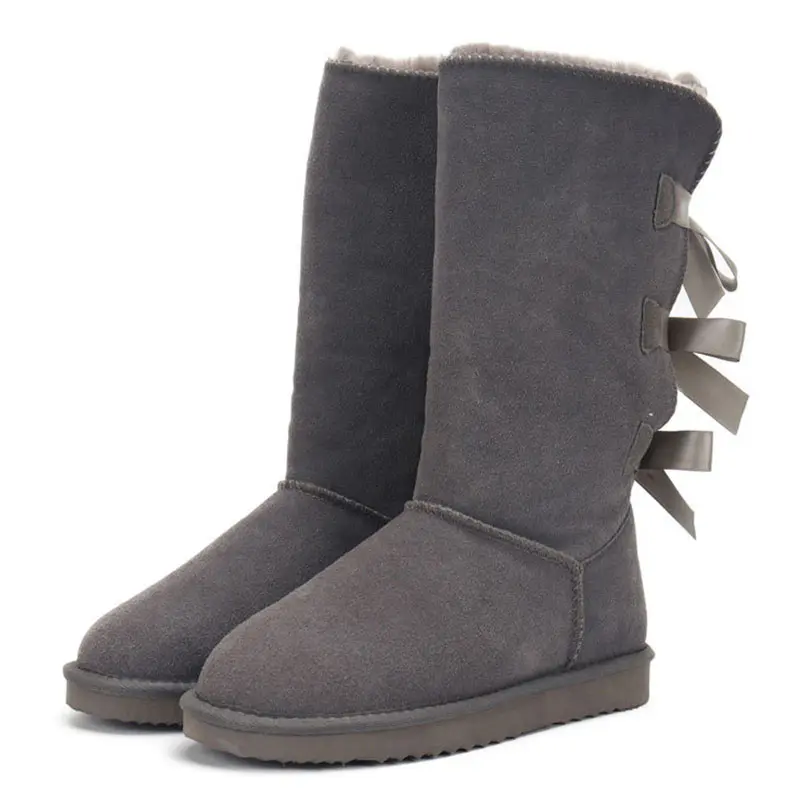 Women’s Grey Cow Suede Bow Wool Snow Boots