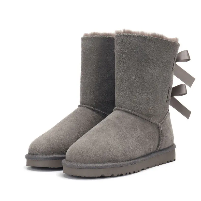 Women’s Grey Cow Suede Double Bow Wool Snow Boots