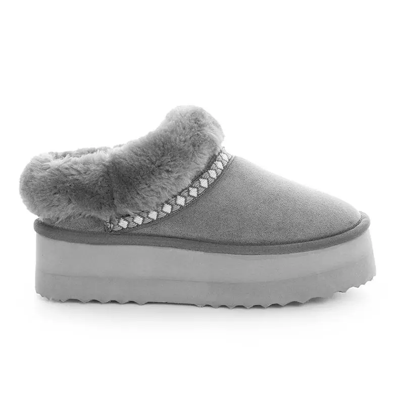 Women’s Grey Cow Suede Embroidered Wool Thick Sole Slippers