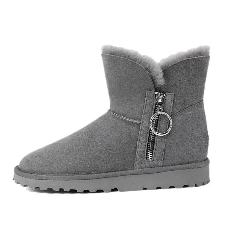 Women’s Grey Cow Suede Side Zipper Wool Snow Boots Inside Higher