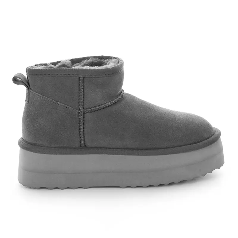 Women’s Grey Cow Suede Wool Snow Boots Thick Sole