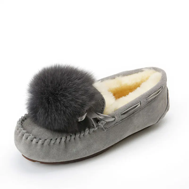Women’s Grey Cowhide+Black Hairball Wool Loafers