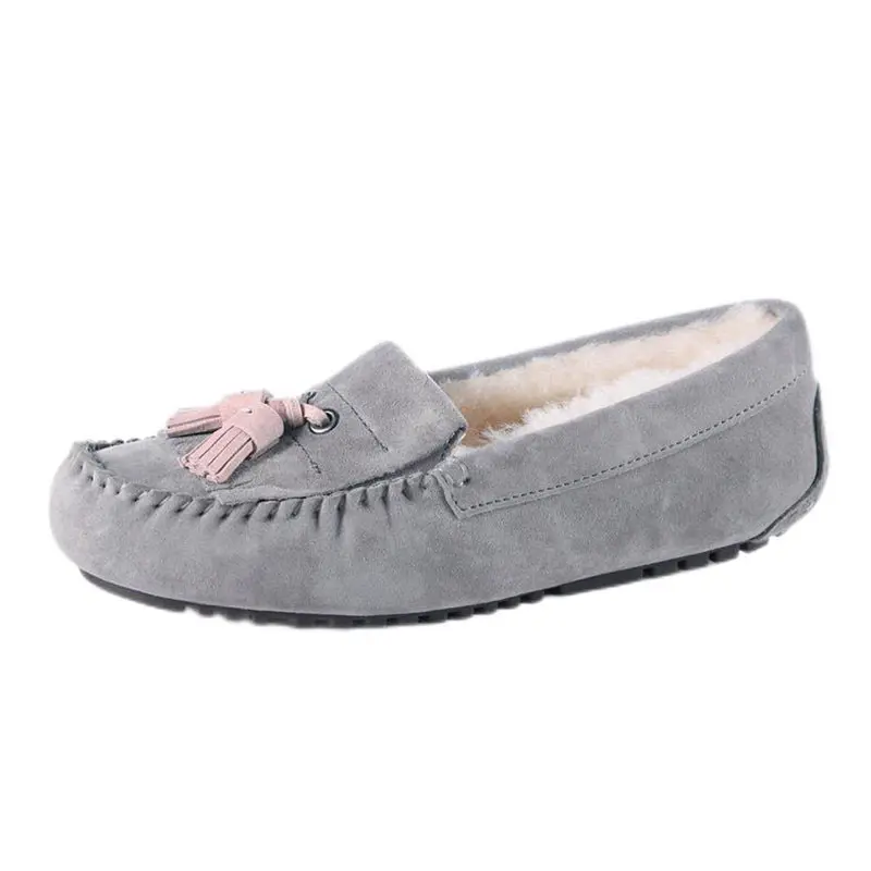 Women’s Grey Cowhide+Pink Tassel Wool Loafers