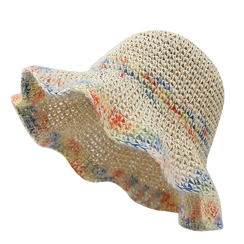 Women’s Beige Ruffled Beach Sunscreen Straw Hat