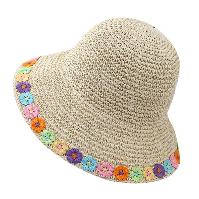 Women’s Beige Colorful Flower Beach Sunscreen Straw Hat