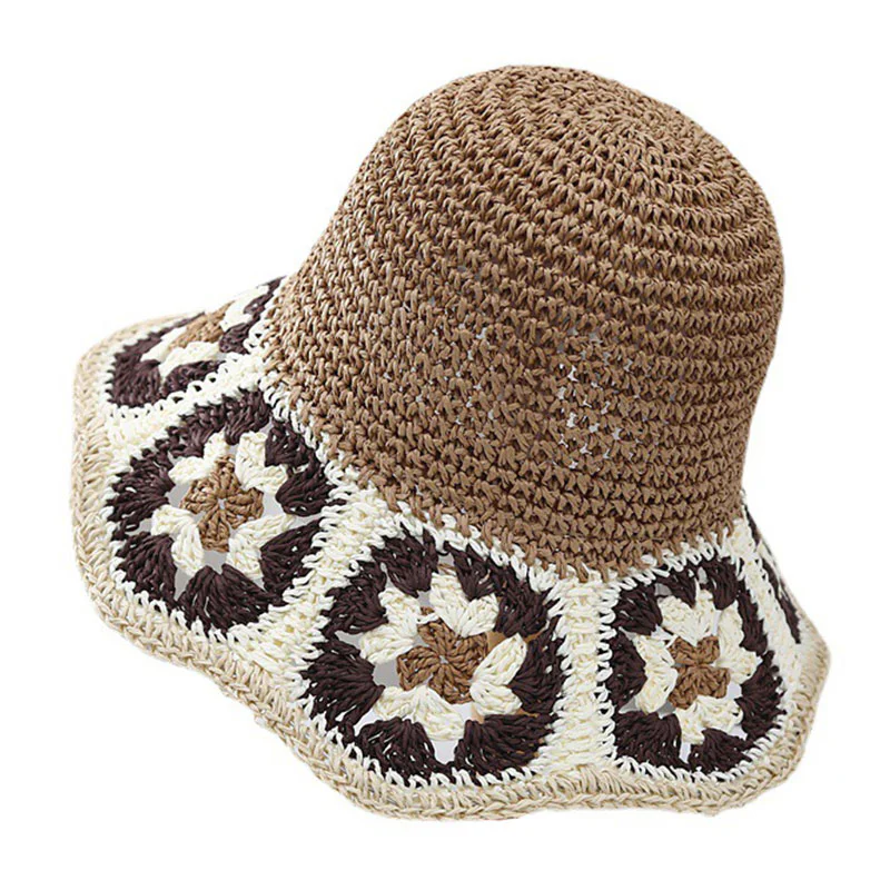 Women’s Khaki Hand Embroidered Ruffled Beach Sunscreen Straw Hat