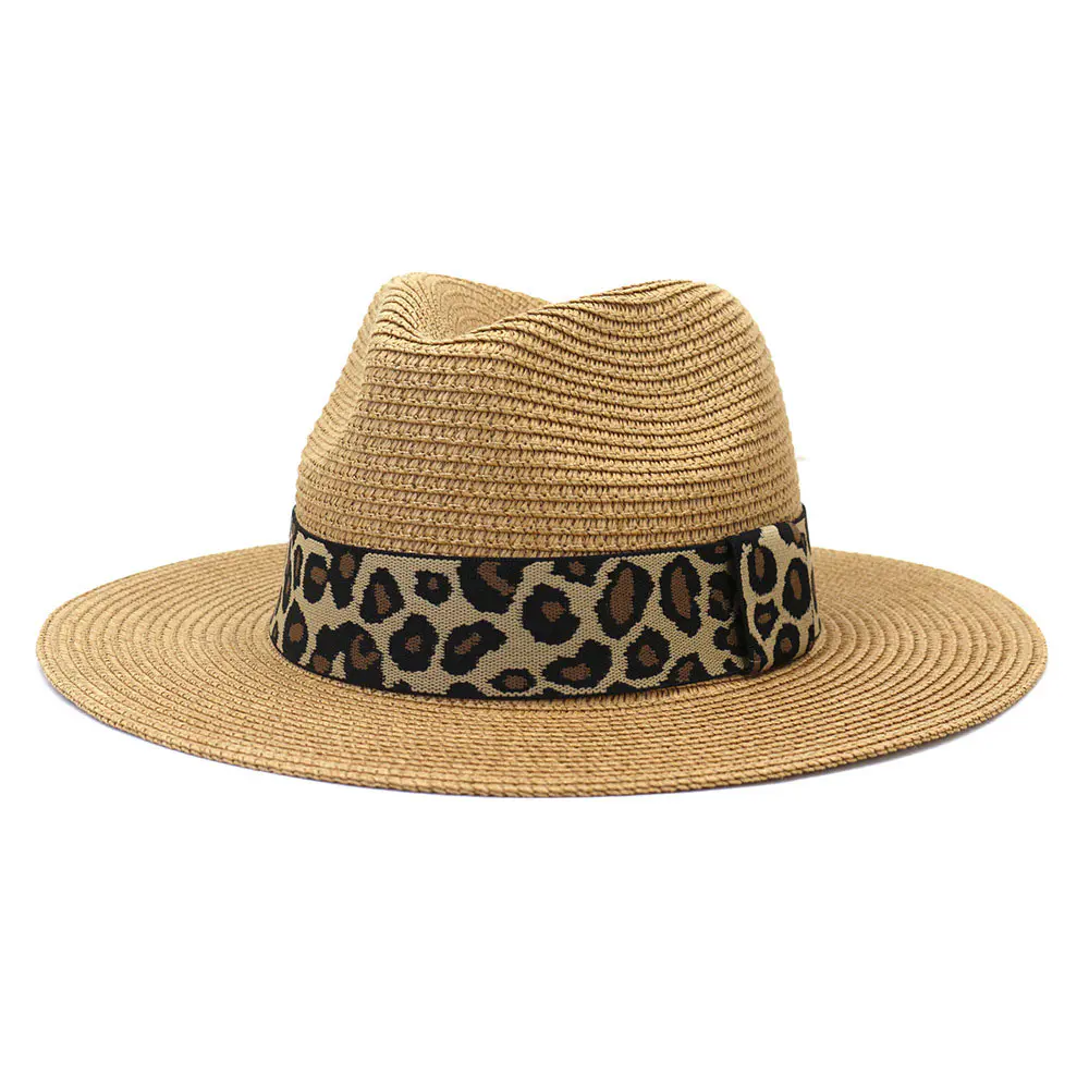 Women’s Khaki Beach Straw Hat with Leopard Ribbon
