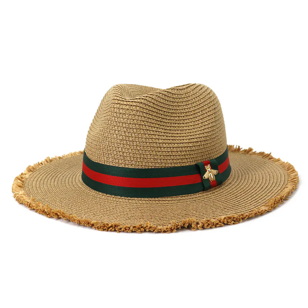 Women’s Khaki Beach Straw Hat with Striped Woven Tape