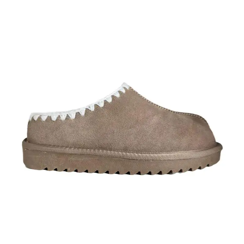 Women’s Khaki Cow Suede Hand Embroidered Shearling Thick Sole Slippers