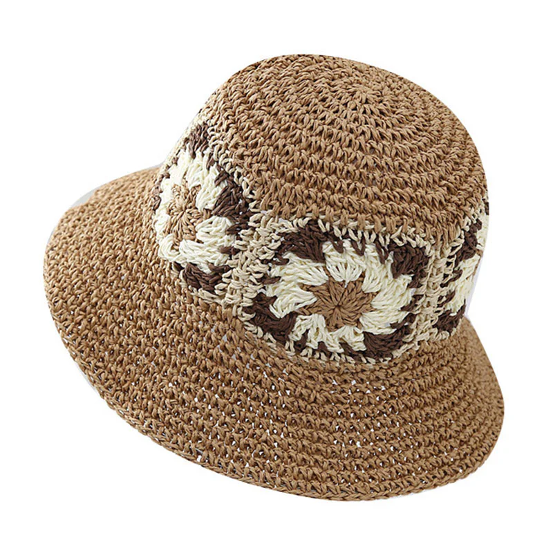 Women’s Khaki Hand Embroidered Beach Sunscreen Straw Hat