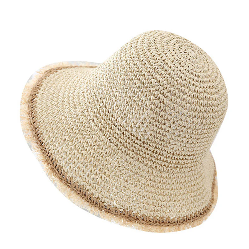 Women’s Beige Brown Wrap Beach Sunscreen Straw Hat