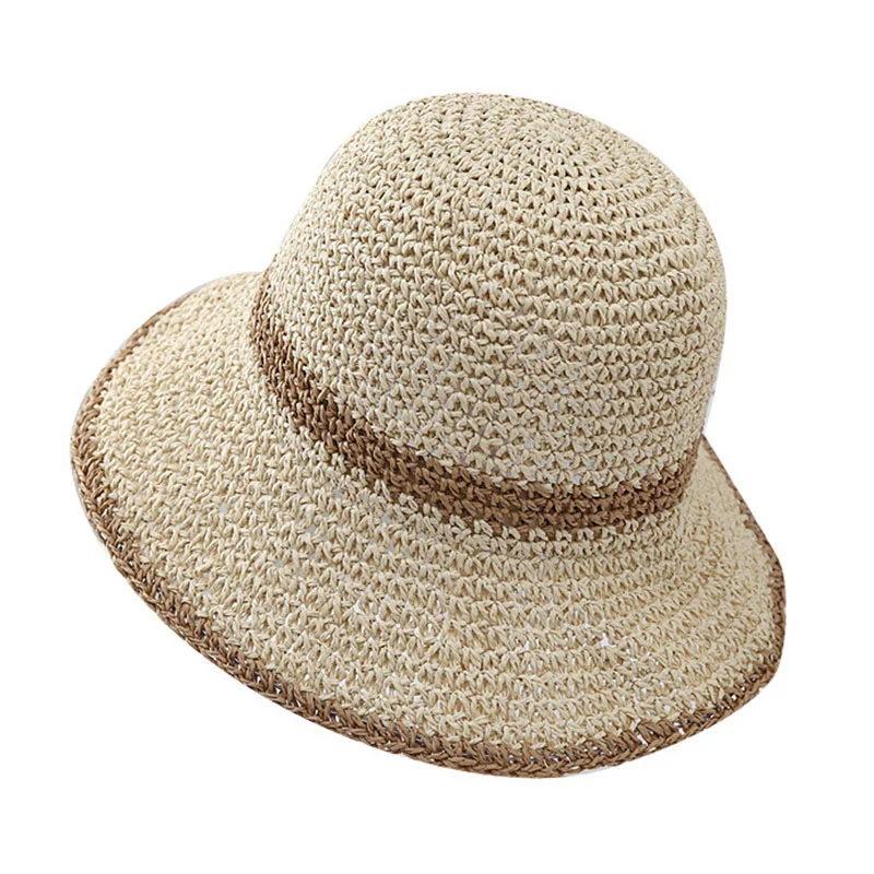 Women’s Beige Brown Striped Beach Sunscreen Straw Hat