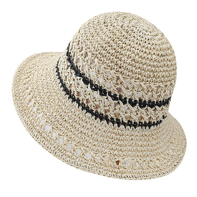 Women’s Beige and Black Striped Beach Sunscreen Straw Hat
