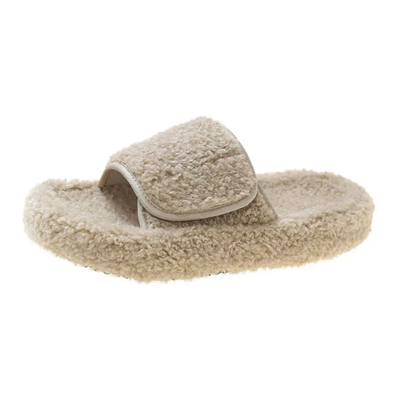 Women’s Khaki Lamb Wool Velcro Adjustable Slippers