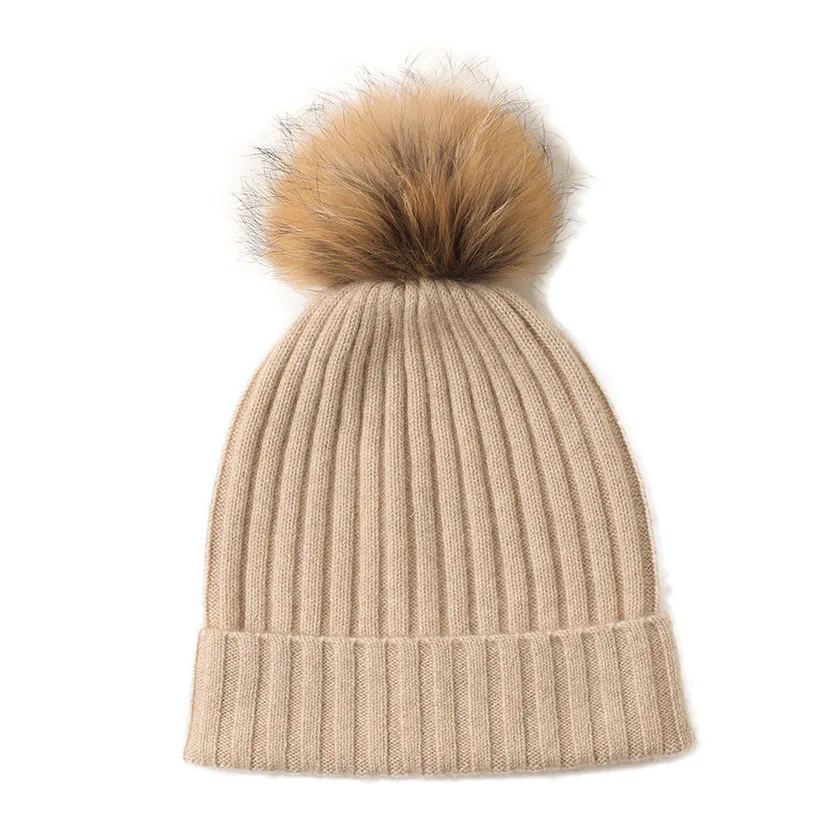 Women’s Khaki Rolled Cashmere Beanies with Mink Fur Ball