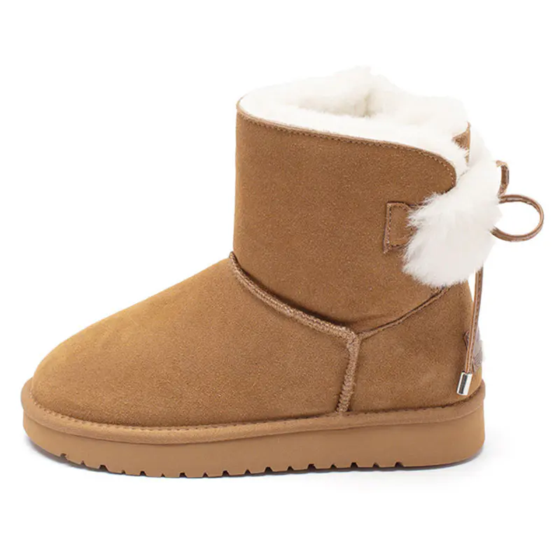 Women’s Maroon Cow Suede Bow Wool Snow Boots